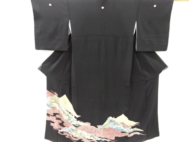 アンティーク　手描き寺院風景模様刺繍留袖(比翼付き)